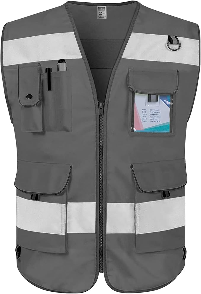 TCCFCCT Reflective Safety Vest 9 Pockets High Visibility Vest for Men Women, Hi Vis Construction Work Vest with Reinforced Sewing, Durable to Use, Meets ANSI/ISEA Standards, (Grey, 5X-Large)