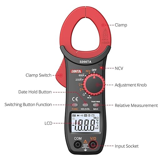 BINTA Digital Clamp Meter, Multimeter 2000 Counts with Auto Range NCV TRMS, 600A AC Amp clamp multimeter with Ohm Measures, Capacitance Resistance Diodes, 2PCS Alligator Clips