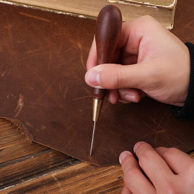DIUDUS Leather Wooden Handle Scratch Awl, Wooden Handle Scratch Awl Tool, Leather Sewing Awl for Leather Punch Hole or DIY Handmade