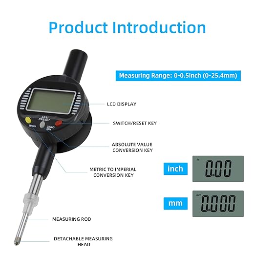 Digital Dial Gauge,with A Range of 25.4mm,Dlectrical Digital Indicator Accuracy of 0.01mm/0.0005 "Metric and Imperial Measure Tool Electronic Dial Gauge for 3D Printing,CNC Machine and Auto Repair