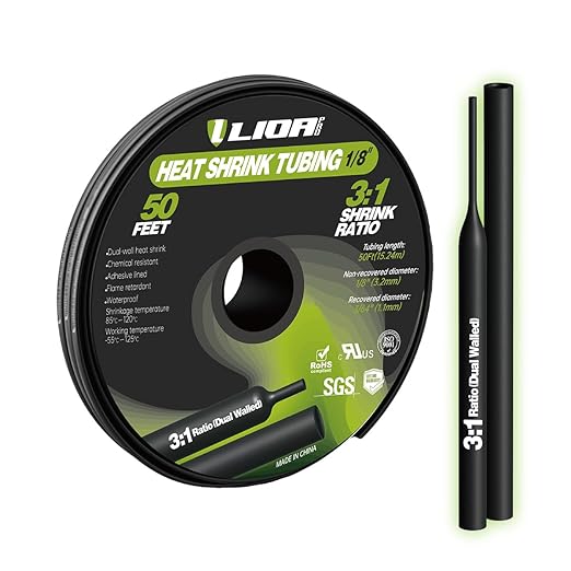 Heat Shrink Tubing 50 Feet Roll, 3:1 Ratio Adhesive Lined Marine Grade Shrink Wrap Tubing,Industrial Heat Shrink Tube Electrical (1, Black, 50ft-Dia-1/8")