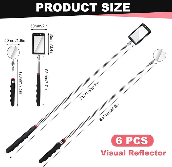 6 Pcs Telescoping Inspection Mirror,Retractable Round Mechanical Mirror Tool,Under Vehicle Square Inspection Mirror,Car Visual Reflector,Retractable Detection Mirror Repair Tool