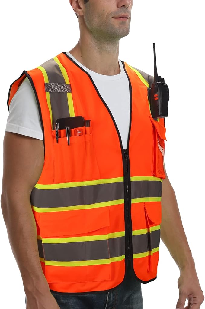 9 Pocket High Visibility Class 2 Safety Vest with 2 Inch Wide Reflective Strips and Zipper Construction - Orange, 4XL