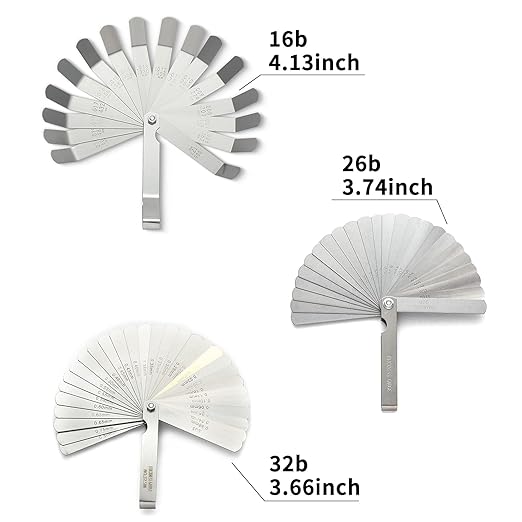 2 Pack Feeler Gauge with 32/26 Blades and 1 Pack Offset Feeler Gauge with 16 Blades - Stainless Steel Feeler Gauge Dual Marked Metric and Imperial Gap Measuring Tool for Automotive Repair
