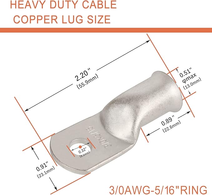 10pcs 3/0 AWG-5/16(M8) Tinned Copper Ring Terminals Battery Lugs, Heavy Duty Wire Lugs, Battery Cable Connectors