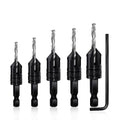 Countersink Drill Bit Set 5 pc,3in1 Woodworking Counterbore Hole Drill Bits,Tapered Countersink Bit,Depth Adjustable M2 Pilot Drill Bits, 82-Degree Chamfer, 1/4”Hex Shank