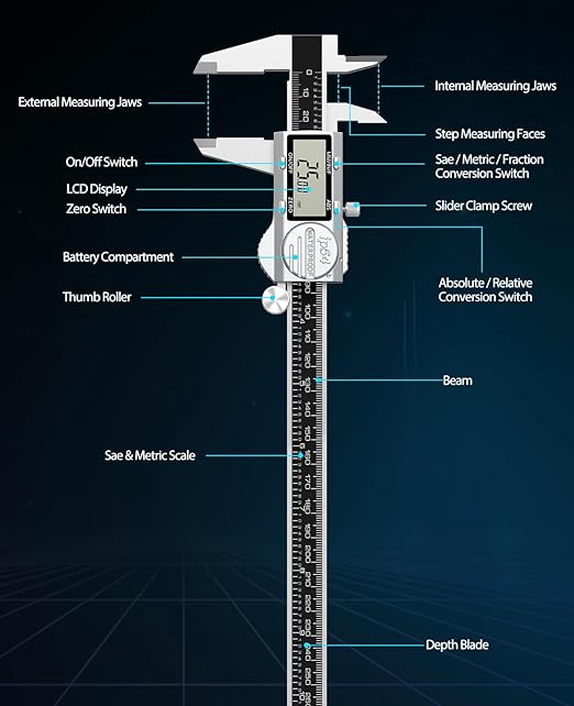 Digital Caliper 12 Inch, (ABS) Absolute Scale Caliper, IP54 Caliper Measuring Tool, Inch/MM/Fraction, Auto-Off LCD Stainless Steel Waterproof Micrometer Vernier Caliper, Feeler Gauges