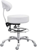Grace&Grace Drafting Chair Big Cushion Rolling Stool with Back, Tall Shop Stool Rolling Chair with Footrest for Studio, Workshop, Classroom, Lab, Counter, Home Office (White)