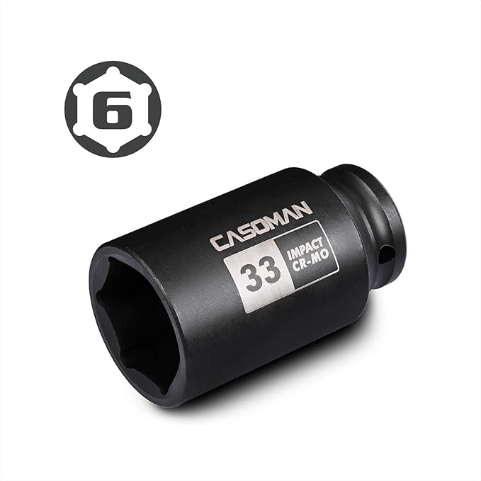 CASOMAN 1/2" Drive x 33 mm Deep 6 PT Impact Socket, CR-MO, 1/2-inch Drive 6 Point Axle Nut Socket for Easy Removal of Axle Shaft Nuts (33MM)