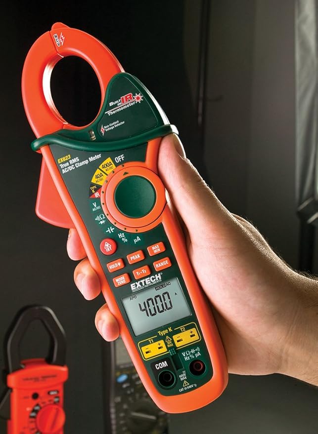 Extech EX623 True RMS 400A AC/DC Clamp Meter with Dual Type K, Infrared Thermometer and NCV