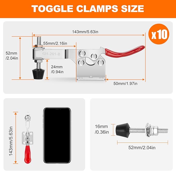 Chfine 10 Pack Toggle Clamps, Hold Down Clamp 220Lbs Holding Capacity Quick Release Horizontal Clamps with Rubber Pressure Tip for Woodworking Jigs and Fixtures, Welding, Drill Press, Crosscut Sled