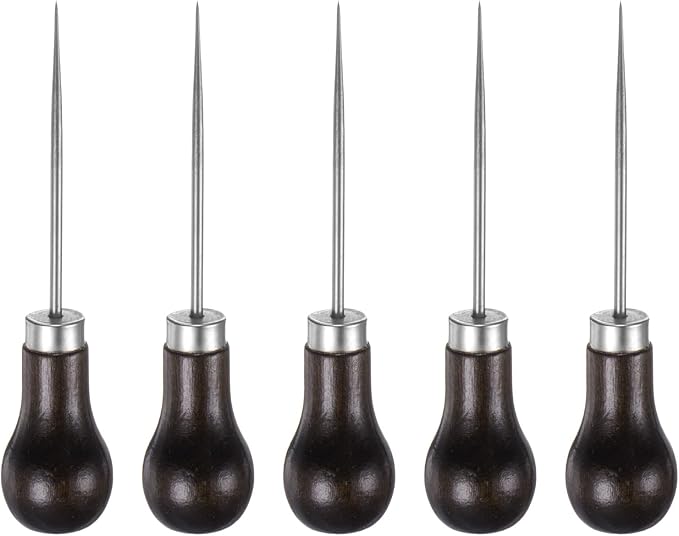 HARFINGTON 5pcs Handwork Sewing Awl Single Gourd Awl Leather Punch Hole Tool with Wooden Handle Scratch for Broken Wire Make Mark Drilling Stitching Repair and DIY Handmade, Dark Brown