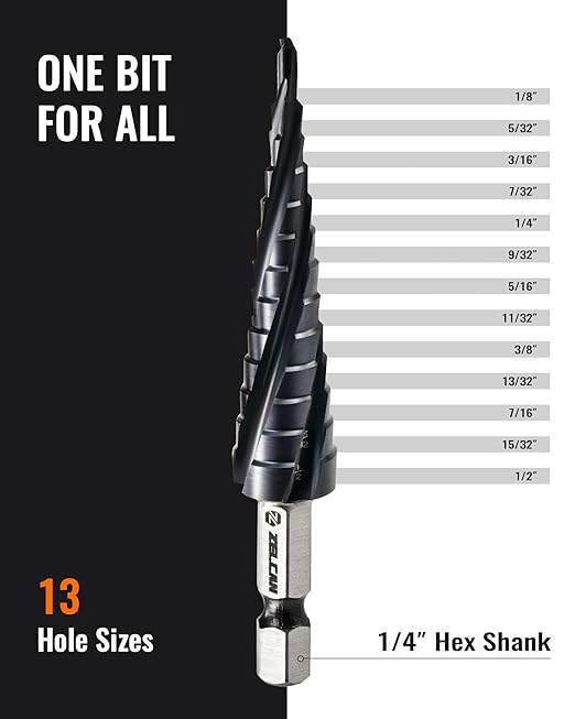 ZELCAN 13 Sizes M35 Cobalt Step Drill Bit, 1/8" to 1/2" Four Spiral Flute Step Drill Bit for Metal, Titanium-Coated HSS Step Bit with 1/4" Hex Shank for Stainless Steel Aluminum Copper Wood Plastic