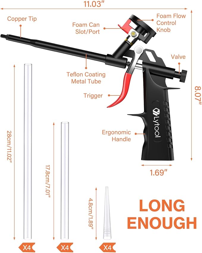 2pcs Foam Gun, Expanding Foam Spray Gun with Extension Tube, PU Foam Gun Applicator, No-Clean Foam Spray Gun, Teflon Coated Foam Gun for Caulking Foam Gun, Gap Filler Spray Gun