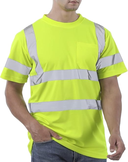 Hi Vis T Shirt Class 3 High Visibility Shirts for Men Safety Shirts With Reflective Strips and Pocket Breathable Construction Work Mesh Short Sleeve Yellow 4XL