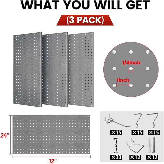 Pegboard, Metal Peg Board, Pegboards Wall Organizer with 57 Pcs Hooks, Sturdy Peg Board for Garage Tool Organization, Home & Office Wall Decoration (Grey, 3 Pack)