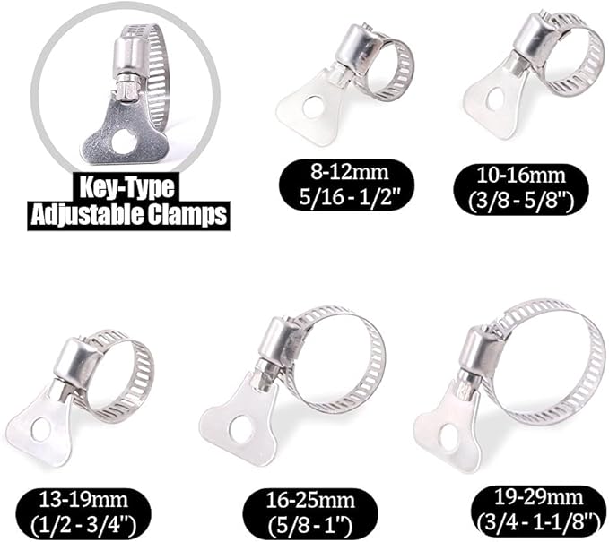 Hilitchi 40-Pcs 8-29mm Clamping Range Butterfly Key-Type Adjustable Hose Pipe Worm Gear Clamps Assortment Kit, Clamps Ideal for Plumbing, Automotive - - 304 Stainless Steel