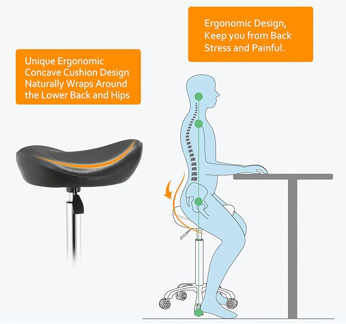 Saddle Stool Chair with Wheels,Ergonomic Swivel Rolling Height Adjustable for Salon Beauty Clinic Dentist Tattoo Home Office