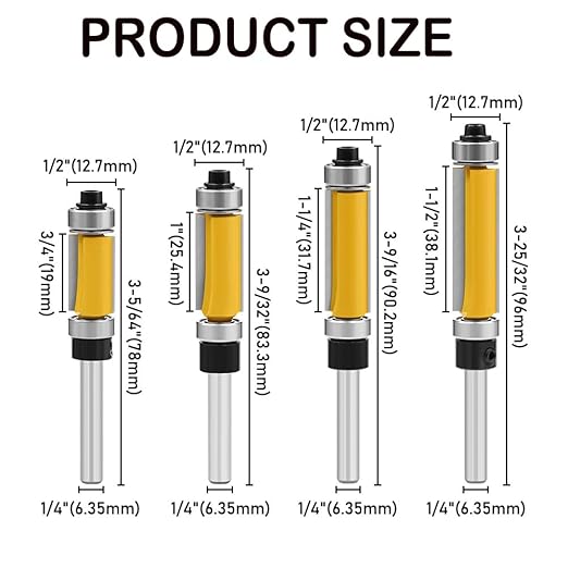 4Pcs Top and Bottom Bearing Flush Trim Router Bits Set 1/4 Inch Shank, Carbide Pattern Flush Trim Cut Router bit, 1/2 Inch Cutting Diameter, 3/4", 1", 1-1/4", 1-1/2" Inch Cutting Length (Size A)