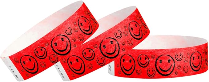 500 WristCo Neon Red Smiley Face Tyvek Wristbands for Events - ¾” x 10” - Waterproof Recyclable Comfortable Tear Resistant Paper Bracelets Wrist Bands for Concerts Festivals Admission Party