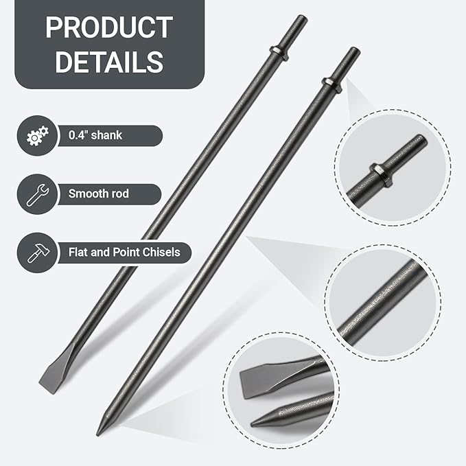 2 Pack 14" Air Hammer Bits Attachments,0.401 Inch Shank Chisel Bit Set,Cr-Mo Alloy Steel Punch