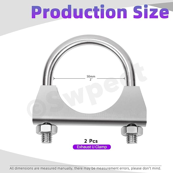 Swpeet 2Pcs 2 Inches - 50mm Exhaust U Clamp Kit, 304 Stainless Steel Muffler U-Bolt Clamps, Universal Heavy Duty U-Bolt Muffler Clamp Ideal for Tip Pipes Connection