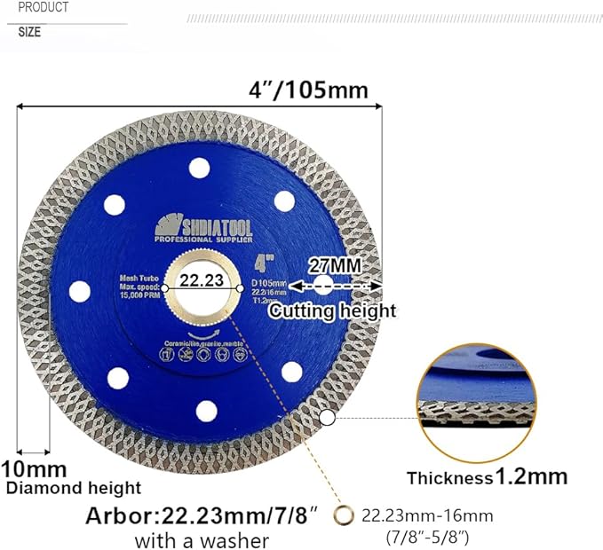 SHDIATOOL 4 Inch Diamond Saw Blade Cutting Porcelain Tile Ceramic Granite Marble Brick(5-Pack)