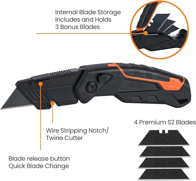 Lichamp Utility Knife 4 Pack, Quick-Change Razor Box Cutter 2-in-1 Retractable Knives and Folding Knife Set, Blade Storage in handle with 16-Pieces SK2 Blades Included
