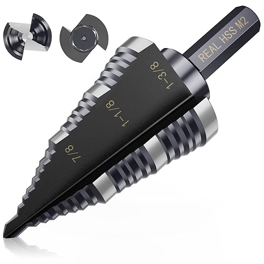 M2 Step Drill Bit, 3/16 to 1-3/8 in, Double Fluted, Cutting Drill Bit for Stainless Steel, Metal, Aluminum, Copper, Wood, PVC