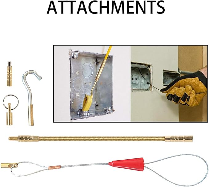 50' Fiberglass Cable Wire Running Rod Coaxial Electrical Connectable Fish Tape Pull Kit with Hook and Hole Kit in Transparent Tube, Yellow