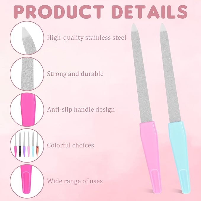 Metal Nail File Set 6 Pcs Metal Nail Files for Women, Anti-Slip Handle Sword Shape, Stainless Steel Nail Files with Sharp Pointed Tip for Natural Nails in Multicolored