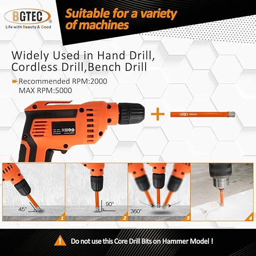 Dry Diamond Drill Bit Set,BGTEC 5pcs 3/8" 10mm Hole Saw for Granite,Marble,Masonry, Concrete, Tile/Ceramic, Glass, Hard Plastic,Vacuum Brazed Diamond Core Drill Bit Kit