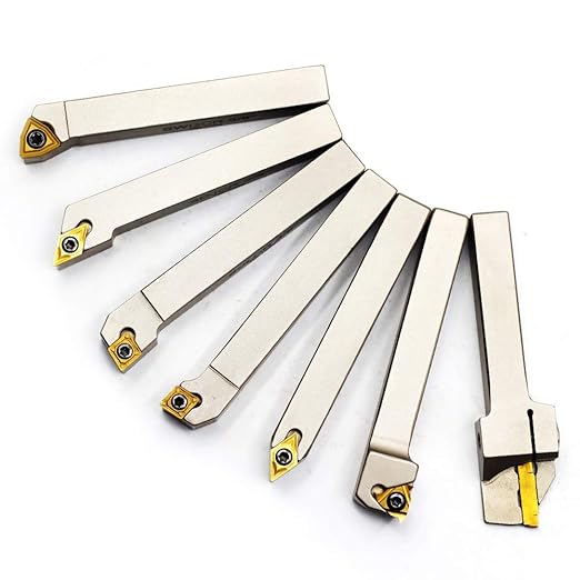 OSCARBIDE 3/8" Shank Heavy-Duty Indexable Lathe Tool Holder 7 pcs Set,CNC Nickel Plated Metal Lathe Cutting Tools for Turning, Grooving, Threading with Tin Coated Carbide Inserts