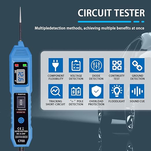 CT03 Power Circuit Tester, 6-24V DC Test Light Short Circuit, Automotive Component Electrical Polarity Identify Continuity Tester, Overload Protection