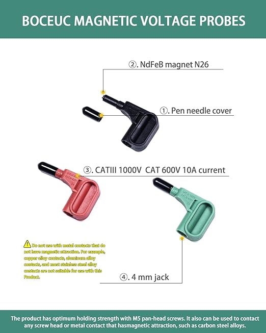 Multimeter Leads Magnetic Probe, 3 Colors Magnetic Voltage Probes for 4 mm Socket Test Lead Kit, Voltage to CAT III 1000 V, CAT IV 600 V Safety Rating