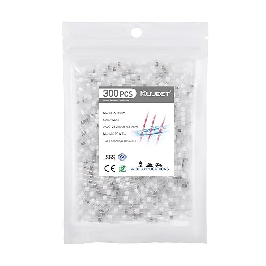 Kuject 300PCS Solder Seal Wire Connectors AWG 26-24, White Solder Seal Heat Shrink Butt Connectors Terminals Solder Sleeve Waterproof Wire Splice Connector for Marine Boat Wire Joint
