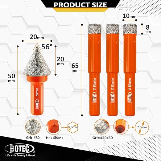 Dry Diamond Drill Bit Set - BGTEC 3pcs 3/8" 10mm Hole Saw and 1pc 4/5" Dimaond Chamfer bit for Granite Marble Porcelain Ceramic,Vacuum Brazed Diamond Core Drill Bit Kit