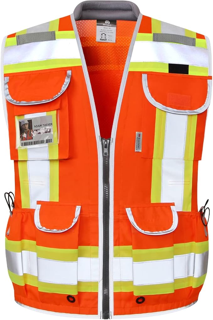 Dib Safety Reflective Vest Heavy Duty, High Visibility Two Tone Engineer Vest, Made with 3M Tape, Padded Collar, Retractable ID Pocket, Orange XL