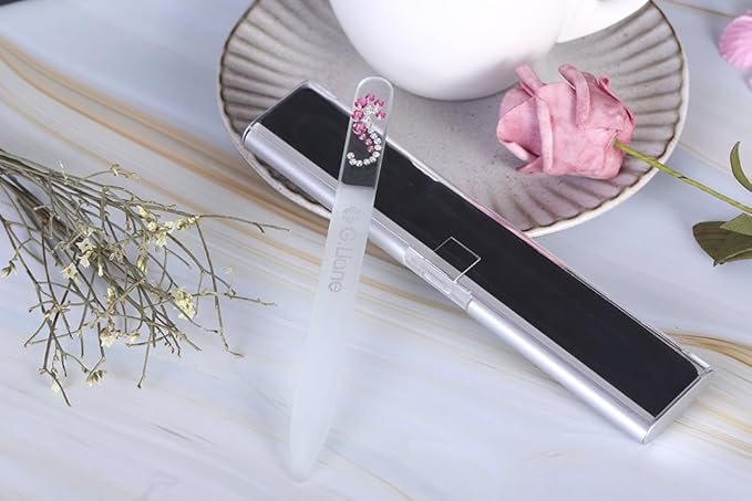 Glass Nail File with Austria Crystals Professional Crystal Fingernail Files in Aluminum Case Perfect Manicure Set for Women Men Kids Nail Care Gift Set(Pink Seahorse)