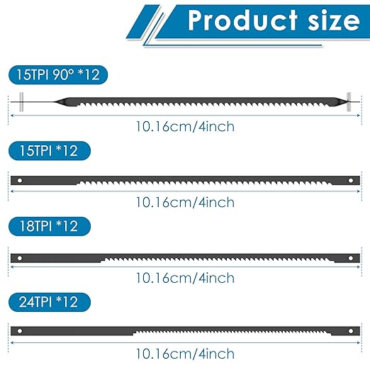 4 Inch Scroll Saw Blades, 48pcs Pin End Scroll Saw Blade Replacement for MS20 MS20-01 MS51-01 MS52-01 MS53-01, High Carbon Steel Saw Blade 15TPI 18TPI 24TPI for Wood Metal Plastic Cutting