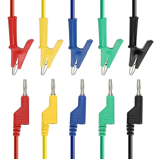 Sumnacon Multimeter Banana Plug to Crocodile Alligator Clip Test Probe, 5PC 4mm Stackable Colorful Silicone Banana Plug to Alligator Clip Test Probe Lead Wire Cable 6.6Ft/2M