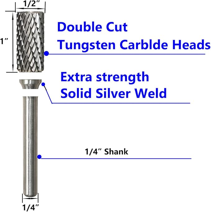 Carbide Burr Set 1/4" Shank SB-5 Die Grinder Bits Tungsten Double Cut Burr Bits (1/2" Cutter Dia X 1" Cutter Length) for Die Grinder Kits Metal Grinding Drilling Polishing (3pcs)
