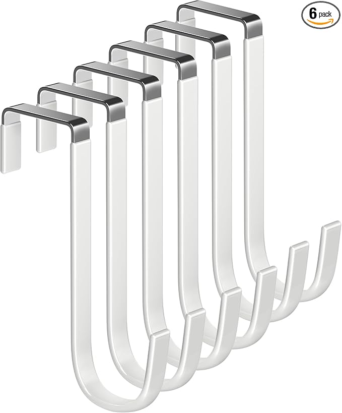 Over The Door Metal Hooks with Plastic Coating 5.5" Fit 0.5" to 1 3/8" Door 6 Pcs Heavy Duty Single Towel Robe Rack Wreath Bathroom Shower Hanger Shoe Organizer Ironing Board Short White