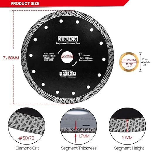 DT-DIATOOL Diamond Granite Blade 7 Inch for Marble Porcelain Tile Ceramic Diamond Cutting Disc with Mesh Turbo Diamond Segments Pack of 2