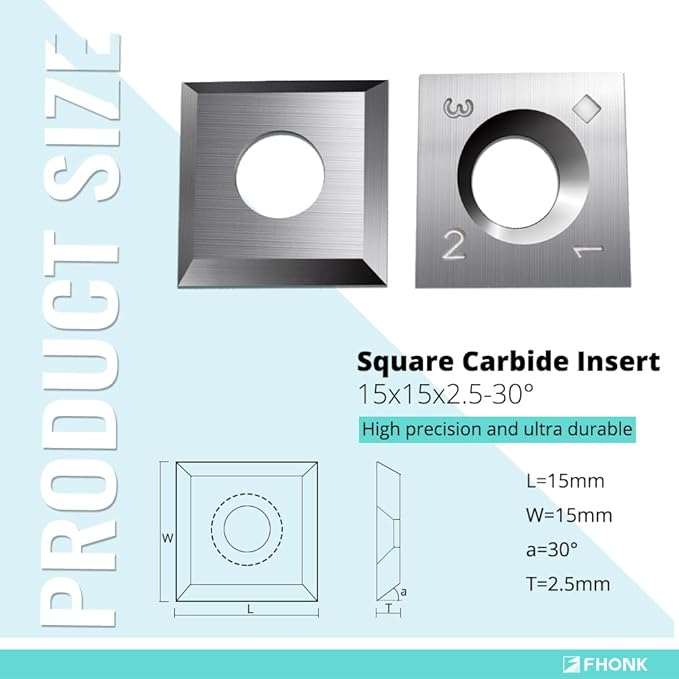 15mm Square Straight Carbide Cutters, for Woodturning Replacement Cutter Knives, Fits Spiral, Helical Planer Cutter, Wood Lathe Turning Tool, 10-Piece (15x15x2.5-30°)