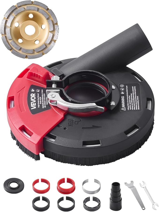 VEVOR Grinding Dust Shroud for Angle Grinder, Universal 4-5 in, Surface Grinder Dust Shroud with 6 Clamping Washers & 5 in Diamond Grinding Cup Wheel, Connect to Vacuum Cleaner, for Wood Concrete Wall