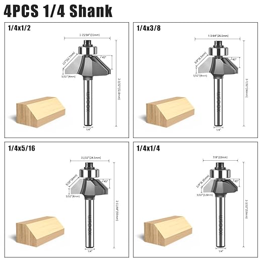 WSOOX 45 Degree Chamfer Router Bits with 1/4" shank 4PCS Bevel Edge Forming Router Bits (Cutting Diameter:1/4”, 5/16”, 3/8”, 1/2”)