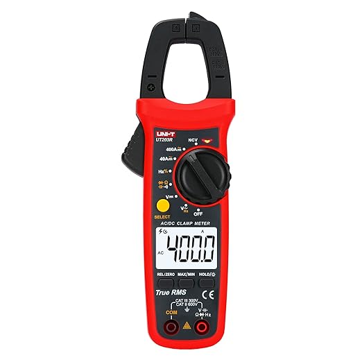 UNI-T Digital Clamp Meter UT203R AC Current True RMS Volt Amp Ohm Meter HVAC Clamp On Multimeter, Auto Ranging 4,000 Counts NCV AC DC Voltage Frequency Resistance Capacitance Continuity Diode Tester
