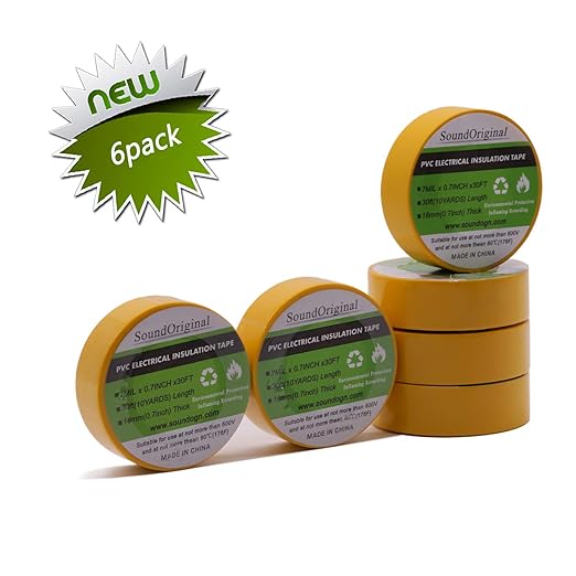 Electrical Tape Yellow 6 Pack 3/4-Inch by 30 Feet, Voltage Level 600V Dustproof, Adhesive for General Home Vehicle Auto Car Power Circuit Wiring Yellow
