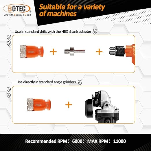 Diamond Core Drill Bit Kit BGTEC Diamond Hole Saw Tile Cutter for Porcelain Tile Ceramic Marble Brick, 5/8"-11 Thread 6/6/20/35mm+50mm Chamfer Bit